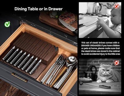 Steak Knives Set of 8 with Drawer Organizer Built-in Sharpener, 4.6 Inch Non Serrated Dinner Knife, Forged German Steel Damascus Pattern Straight Edge Meat Knife with Full Tang Handle, Black