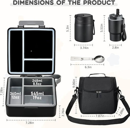 Lunch Box Set with Bento Box Container, 17OZ Stainless Steel Food Soup Thermo, Kids Water Bottle & Portable Insulated Lunch Bag – Leakproof, Hot/Cold Retention for School, Travel (Black)