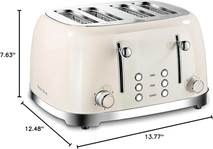 4 Slice Toaster Roter Mond Retro Stainless Steel with Bagel Defrost Cancel Function, 6 Browning Settings, Extre Wide Slot and Removable Crumb Tray, Cream, ST033
