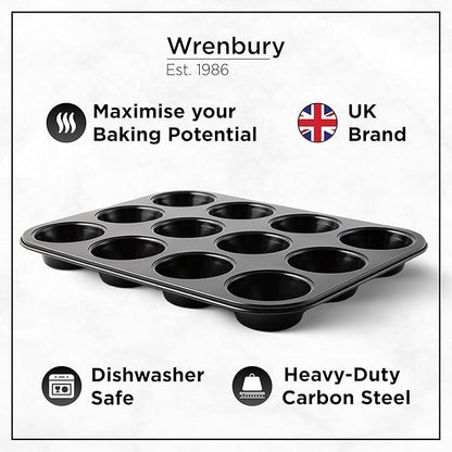 Wrenbury Non Stick Muffin Pan for Baking 12 Cup - Non Toxic Deep Cupcake and Yorkshire Pudding Tin - Even Bakes, Easy Clean, Warp Resistant - 3" Cup