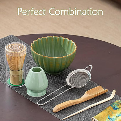 8PCS Matcha Whisk Set - Matcha Set Ceramic Whisk and Bowl, Japanese Buucup Matcha Set with Bamboo Whisk, Sifter, Scoop, Holder & Tea Towel for Traditional Matcha Ceremony (Green)