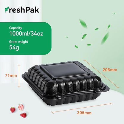 Takeout Containers Mineral Filled PP - 55 Pack 8x8 34 oz Shrink Wrap BPA Free Plastic | Stackable Meal Prep Clamshell Food Container | Reusable Microwave Safe Leftovers | Catering Lunch Box