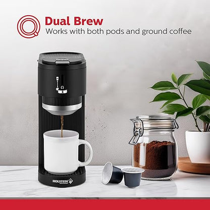 Holstein Housewares 2-in-1 Single Serve Coffee Maker, Dual Brew, Compatible with K-Cup Pods & Ground Coffee, Reusable Filter Included, Compact Drip Coffee Machine, 14oz Tank, Fits Most Cups - Black