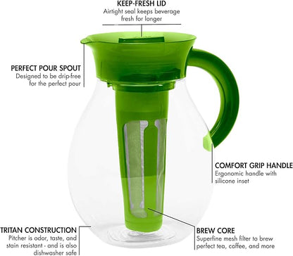 Primula The Big Iced Tea Maker and Infuser, Plastic Beverage Pitcher with Leak Proof, Airtight Lid, Fine Mesh Reusable Filter, Made without BPA, Dishwasher Safe, Green