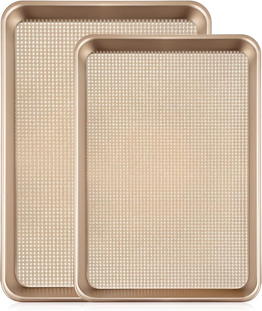 Vinino Baking Sheet Set of 2, Cookie Sheets For Baking with Square Texture Pattern, Thicker Carbon Steel Non-stick Baking Pan Quarter/Jelly Roll Pans Tray for Oven 15-GD