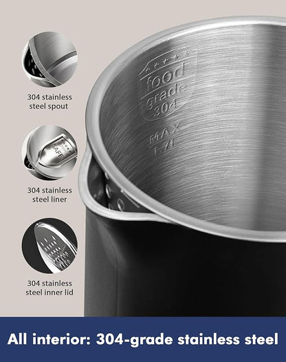 Electric Kettle 1500W Rapid Boil, 1.7L (1.8 Qt) 304 Stainless Steel, BPA-Free | 4 Temperature Presets for Baby Milk, Coffee, Tea | 2-Hour Keep Warm, Cool Touch Exterior