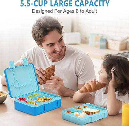 Kids Bento Lunch Box with Ice Pack, 5 Compartments Leak-Proof Bento Box with Utensils, 5.5-Cup Capacity for Adults & Ages 8+, BPA Free, Microwave & Dishwasher Safe, Blue