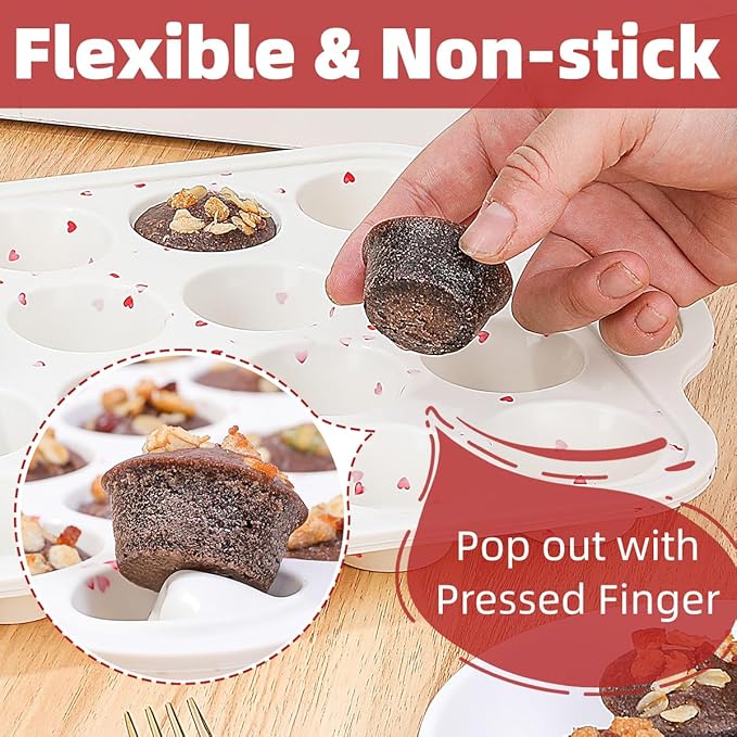 Mini Muffin Pan, Metal Reinforced Frame Mini Cupcake Pans 24 Cups Nonstick Muffin Silicone Molds with Handle for Baking Muffins, Cupcakes, Egg Bites 2 Pack Heart-Shaped