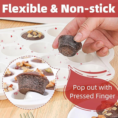 Mini Muffin Pan, Metal Reinforced Frame Mini Cupcake Pans 24 Cups Nonstick Muffin Silicone Molds with Handle for Baking Muffins, Cupcakes, Egg Bites 2 Pack Heart-Shaped