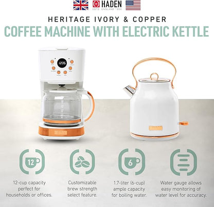 HADEN Coffee Machine, 12 Cup Drip Coffee Maker Bundled with Heritage 1.7 Liter Stainless Steel Electric Kettle, Ivory & Copper