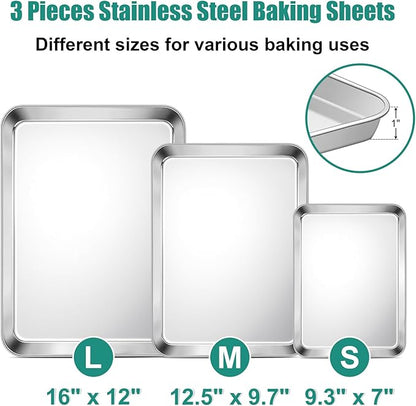 TeamFar Baking Sheet Set of 3, 16/12.5/9.3 Inch Stainless Steel Cookie Sheets Baking Pans, Metal Oven Baking Tray for Cooking Roasting Serving, Non-Toxic & Mirror Finish & Dishwasher Safe