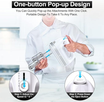 Hand Mixer Electric, 400W Food Mixer 5 Speeds Handheld Blender, 5 Stainless Steel Accessories, Storage Box, Kitchen Blender with Cord for Cream, Cookies, Dishwasher Safe, White