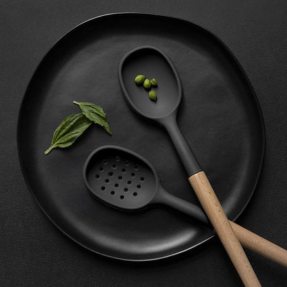 Country Kitchen Non Stick Silicone Utensil Set with Rounded Wood Handles for Cooking and Baking, 6 Piece Set, Black