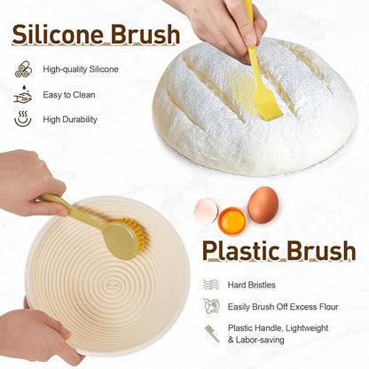 Banneton Bread Proofing Basket, Sourdough Starter Kit with 9" Round & 10" Oval Bread Proofing Basket, Bread Lame, Brushs, Spatula, Scraper, Dough Whisk, Flour Duster & Stencils