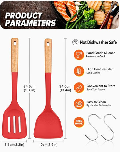 Silicone Wok Spatula Turner Set, Perfect for Scooping, Flipping, Lifting Pancakes and Picking up Veggies, BPA-Free Matte Silicone, Wooden Handles, Safe for Nonstick Cooking Surfaces (Red)