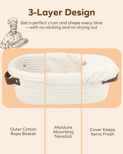 Feagar Banneton Bread Proofing Basket Set - 2 Pack Oval Cotton Rope Bread Basket with Liners, Covers & Proofing Cloth for Artisan Bread Baking, Sourdough Bread Baking Supplies