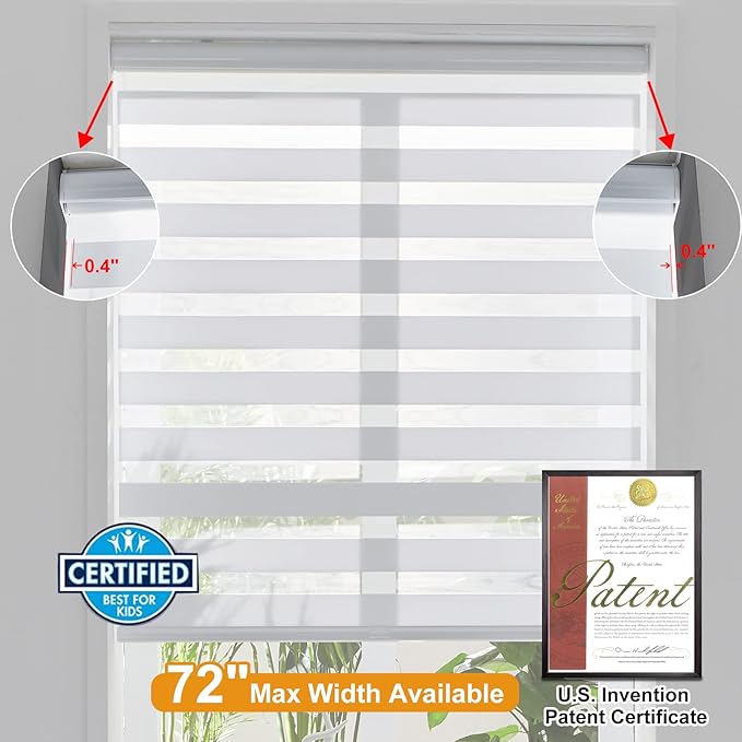 Persilux Cordless Zebra Blinds for Windows, Free-Stop Room Darkening Window Blinds (19" W x 72" H, White) Light Control for Day and Night, Privacy Protection Window Treatments Roller Shades for Home