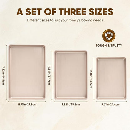Nonstick Baking Sheet Pan Set of 3, Heavy Duty Cookie Sheets for Oven with Stripe Texture Pattern, 0.6mm Thick Quarter/Half/Jelly Roll Pans, Rust-Resistant & Easy Clean (Champagne Gold)