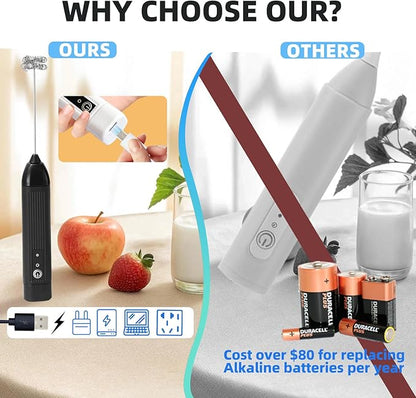 Rechargeable Milk Frother Handheld, 3 Speeds Electric Coffee Mixer Wand with Stainless Steel Whisk for Hot Chocolate, Eggs, Latte, Cappuccino (Black)