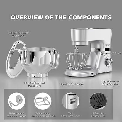 Stand Mixer, POWWA 7.5 Quart Electric Mixer, 6+1 Speed 660W Tilt-Head Kitchen Food Mixers with Whisk, Dough Hook, Mixing Beater & Splash Guard for Baking, Cake, Cookie (Silver-with Handle)