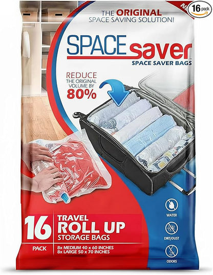 Spacesaver 16 Pack Roll Up Vacuum Storage Bags for Blankets & Clothes - Vacuum Sealed Compression Bags with Hand Pump - Space Saver Storage Bag for Bedding, Moving, Travel & Organization (8S & 8M)
