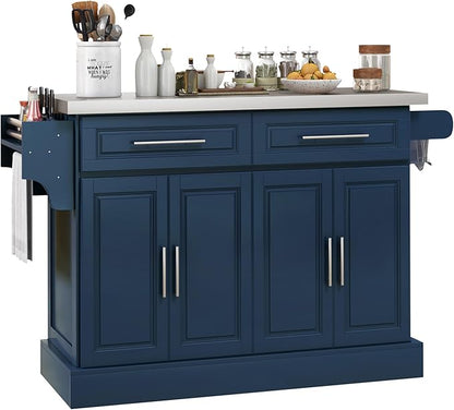 HOMCOM Rolling Kitchen Island Cart with Wheels, Portable Island Table for Kitchen with Stainless Steel Top, Adjustable Shelves, 2 Drawers, Spice, Knife and Towel Rack, Navy Blue