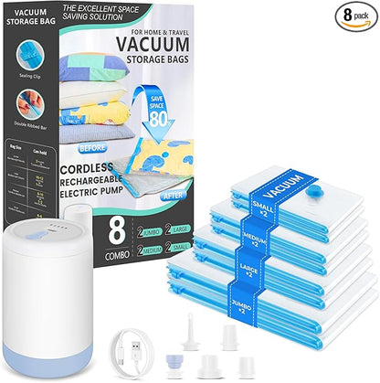 Vacuum Bags for Travel with Portable Electric Pump, 8 Pack Vacuum Seal Bags for Luggage and Suitcase Compression, Space Saver Vacuum Storage Bags for Clothes and Clothing Travel