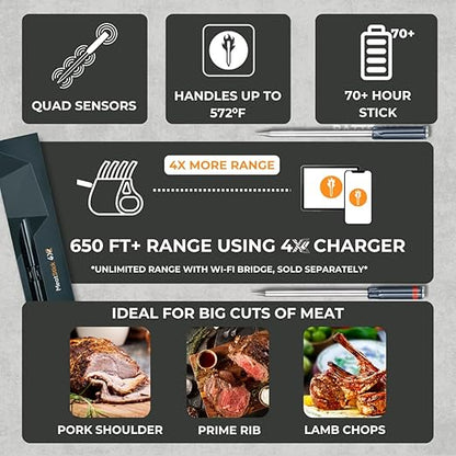 MeatStick 4X Wireless Meat Thermometer for Grilling and Smoking, Bluetooth Temperature Probe with 4 Sensors, 650ft+ Range for BBQ, Smoker, Oven