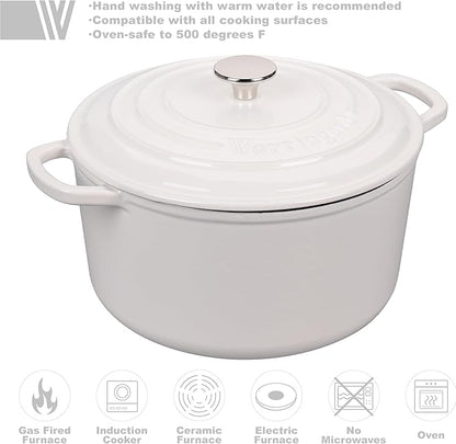 Enameled Cast Iron Dutch Oven Pot with Lid, for Sourdough Bread Baking, Round Dutch Ovens, 6 Quart, White