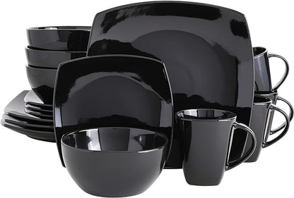 Gibson Elite Soho Lounge Square Reactive Glaze Stoneware Dinnerware Set, Service for 4 (16pc), Black