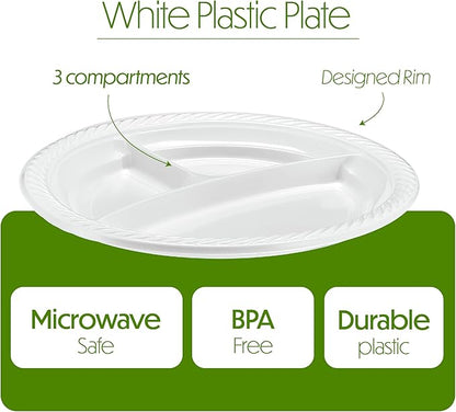 PLASTICPRO 9 inch Round Plastic Plates 3 Compartment - 3 Section Plates Microwaveable, Disposable, White, Dinnerware 100 Count