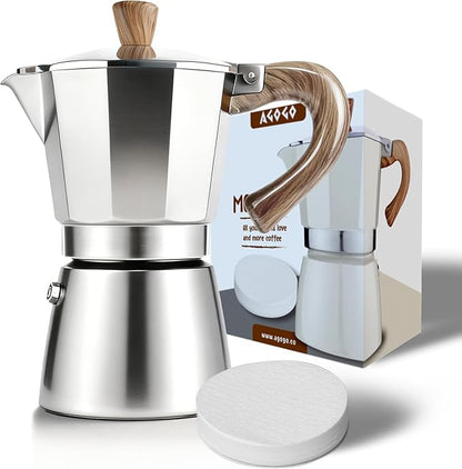 AGOGO Milano Moka Pot, Stovetop Espresso Maker, Greca, Coffee Percolator, Turkish Coffee Maker with Paper Filter 6 Cup Original Silver