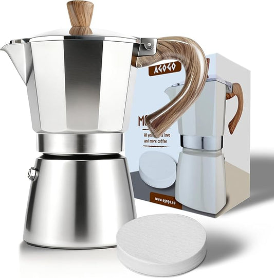 AGOGO Milano Moka Pot, Stovetop Espresso Maker, Greca, Coffee Percolator, Turkish Coffee Maker with Paper Filter 6 Cup Original Silver