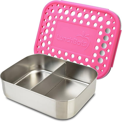LunchBots Medium Duo Snack Container - Divided Stainless Steel Food Container - Two Sections for Half Sandwich and a Side - Eco-Friendly - Dishwasher Safe - Stainless Lid - Pink Dots