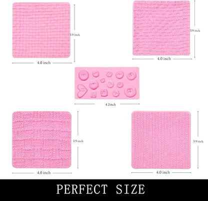 Fondant Impression Mats Molds, Knitting with Button Silicone Chocolate Molds (5 Packs), Sweater Design Knit Impress Texture Stamp Mat for Baby Shower, Birthday Cake Decorating Cupcakes Topper
