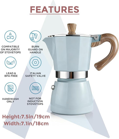 AGOGO Milano Moka Pot, Stovetop Espresso Maker, Greca, Coffee Percolator, Turkish Coffee Maker with Paper Filter 6 Cup Lake Blue