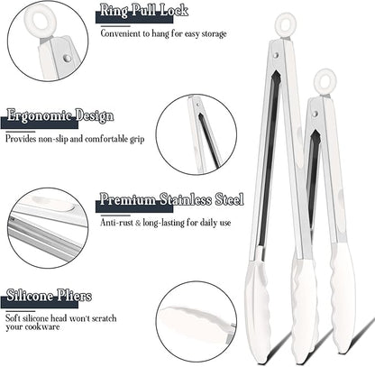 TeamFar Kitchen Tongs, 9" and 12" Stainless Steel Cooking Tongs with Silicone Tips for Cooking Grilling Serving & BBQ, Heat Resistant Silicone Tongs, Locking Design & Dishwasher Safe, Set of 2 & White