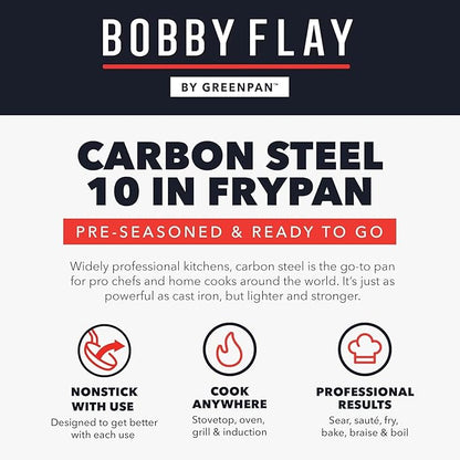 GreenPan x Bobby Flay 10" Carbon Steel Frying Pan Skillet, Pre-Seasoned Ready to Use, Nontoxic, PFAS-Free, Induction Compatible, High Heat & Oven Safe Durable Cookware, Cast Iron Alternative