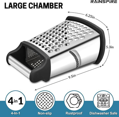 Rainspire Professional Box Grater, Cheese Grater Box for Kitchen Stainless Steel with 4 Sides, Cheese and Spice Graters with Handle for Vegetables, Ginger, Potatoes, Black