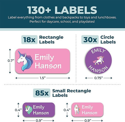Personalized Daycare Name Labels for Kids (130 Labels) - Custom Waterproof Name Stickers for Clothing Tags, Water Bottles, Lunch Boxes and School Supplies (Unicorns)
