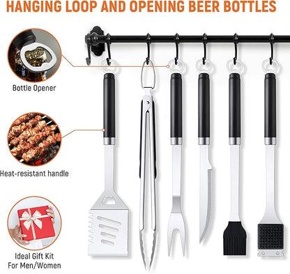 BBQ Accessories Grill Tools Set, Stainless Steel Grill Tools with 2 Squeeze Bottles, BBQ Grill Accessories Grilling Gift for Men & Women, Portable Grill Tools Utensils Kit for Camping, Kitchen