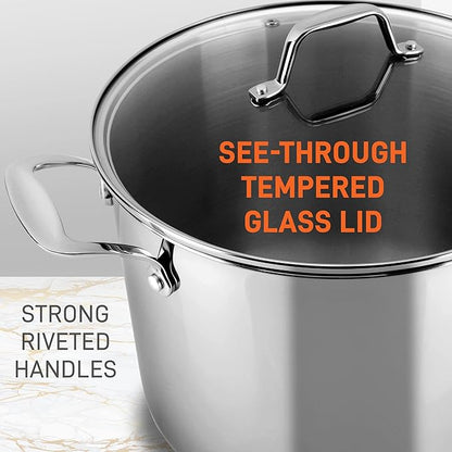 NutriChef 12-Quart Stainless Steel Stockpot – 18/8 Food Grade Heavy-Duty Induction-Compatible Pot with See-Through Lid, Ideal for Stews, Broths, Simmering & Soups, Dishwasher Safe – NCSP12