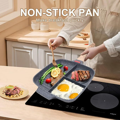 Sectional Skillet, Grill Pans for Stove Tops Nonstick 3 Section Breakfast Pan Meal Skillet Griddle Divided Pan, with Silicone Brush & Clip, 10.5”