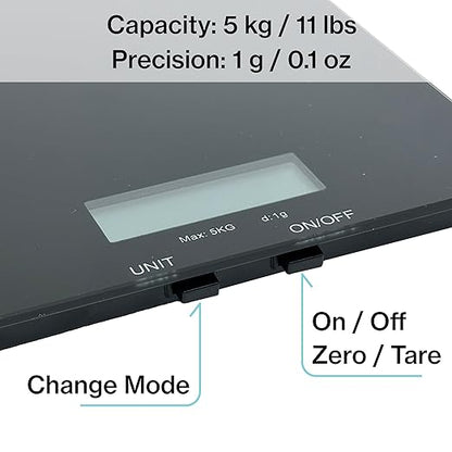 Glass Platform Digital Kitchen Scale - for Food Coffee Lab - LCD Display gram Ounces lb:oz fl.oz ml - 11 LB/5 KG Capacity - Battery Included - White by The Display Guys