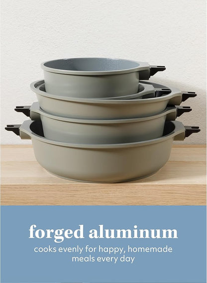 Sur La Table Kitchen Essentials 13 Piece Detachable Handle Pots and Pans Premium PFA Free Premium Ceramic Non Stick Induction Safe and Secure Removable Handle Cookware Set - Juniper Green
