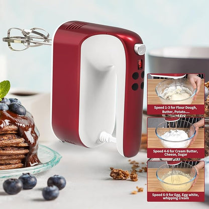9-Speed Digital Hand Mixer Electric, 400W Powerful DC Motor, Baking Mixer Handheld with Snap-On Storage Case, 5 Stainless Steel Accessories, Flat Beaters, Dough Hooks, Whisk (Red&White)