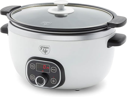 GreenLife 8QT Slow Cooker, Non-Toxic PFAS-Free Ceramic Nonstick Removable Interior Bowl, Programmable, Family Friendly, Keep Warm, Stovetop & Oven Safe, Dishwasher Safe Parts, Timer, Glass Lid, White