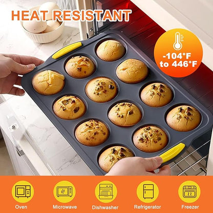 Silicone Muffin Pan for Baking with Metal Reinforced Frame，Foldable Cupcake Pan 12 Cups for Baking Homemade Muffins,Nonstick Cupcake Baking Pan Molds for Oven Dishwasher Safe With Brush and scraper