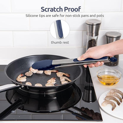 600ºF Heat Resistant Kitchen Tongs: U-Taste 12 inch Large Silicone Cooking Tong with Non Stick Rubber Tips & Silicon Coated 18/8 Stainless Steel Handle & Smooth Lock for Serving Grill (Midnight Blue)