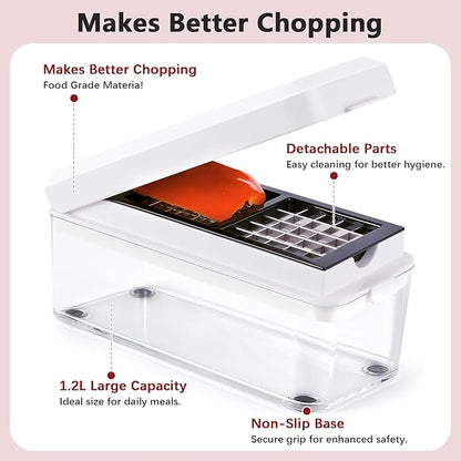 Vegetable Chopper, Onion Chopper Dicer, Mandoline Slicer, Food Chopper with Container, Vegetable Cutter for Salad Potato Carrot Garlic（2 Blades, White Black）